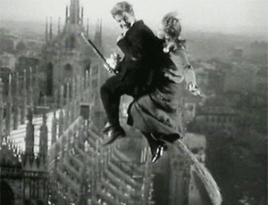 Totò flying on a broomstick from "Miracolo a Milano"